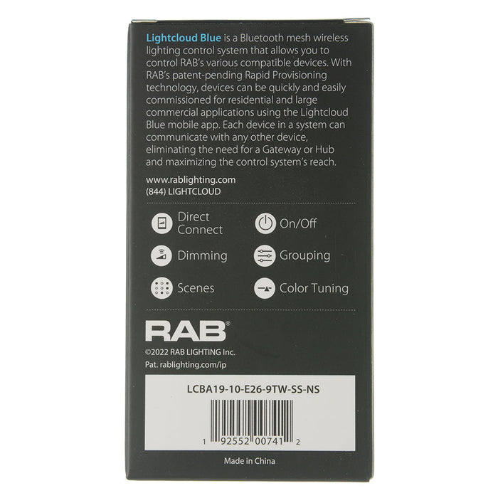 RAB Lightcloud Controller Blue A19 10W 800Lm 90 CRI 2700K-6500K Smartshift 1-Pack (LCBA19-10-E26-9TW-SS-NS)