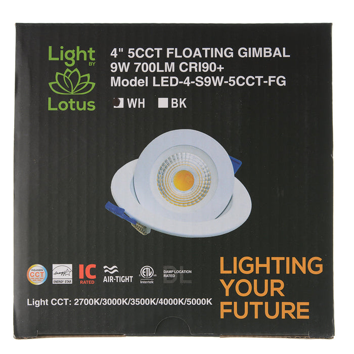 Lotus LED Lights 4 Inch Round Floating Gimbal Recessed LED 9W 5CCT 2700K To 5000K White 740-855Lm Airtight (LED-4-S9W-5CCT-FG-WH)