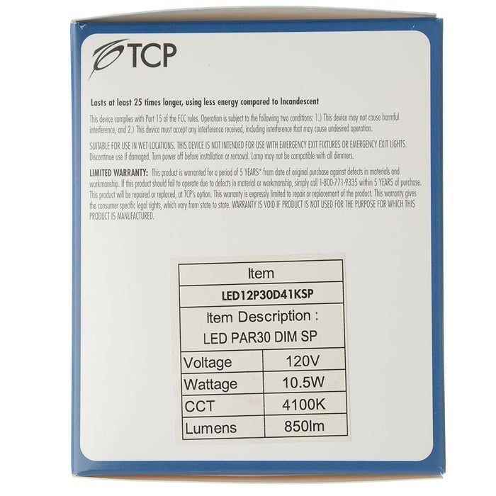 TCP LED 12W PAR30 Dimmable 4100K Spot (LED12P30D41KSP)