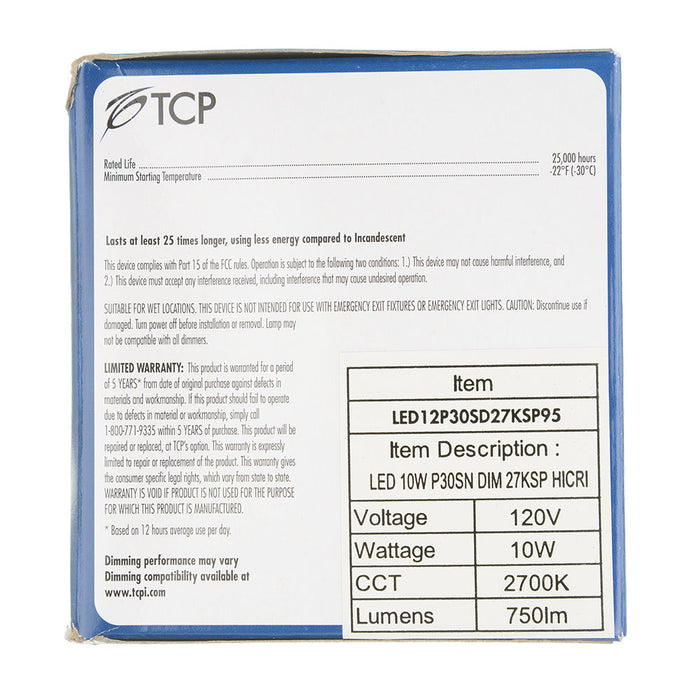 TCP LED 12W PAR30 Short Neck Dimmable 2700K Spot High CRI (LED12P30SD27KSP95)