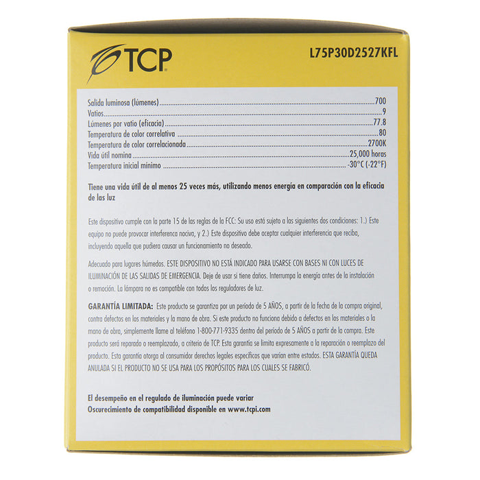 TCP LED 9W P30 Dimmable 2700K Flood (L75P30D2527KFL)