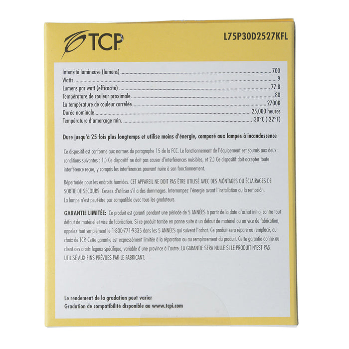 TCP LED 9W P30 Dimmable 2700K Flood (L75P30D2527KFL)