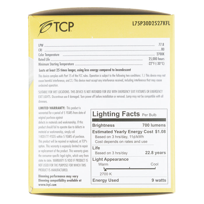TCP LED 9W P30 Dimmable 2700K Flood (L75P30D2527KFL)