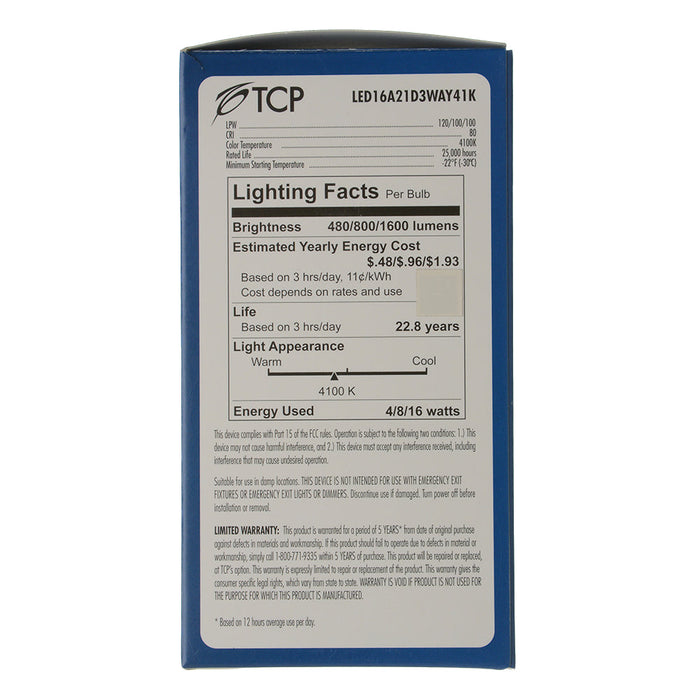 TCP LED 16W A21 Dimmable 4100K 3-Way (LED16A21D3WAY41K)