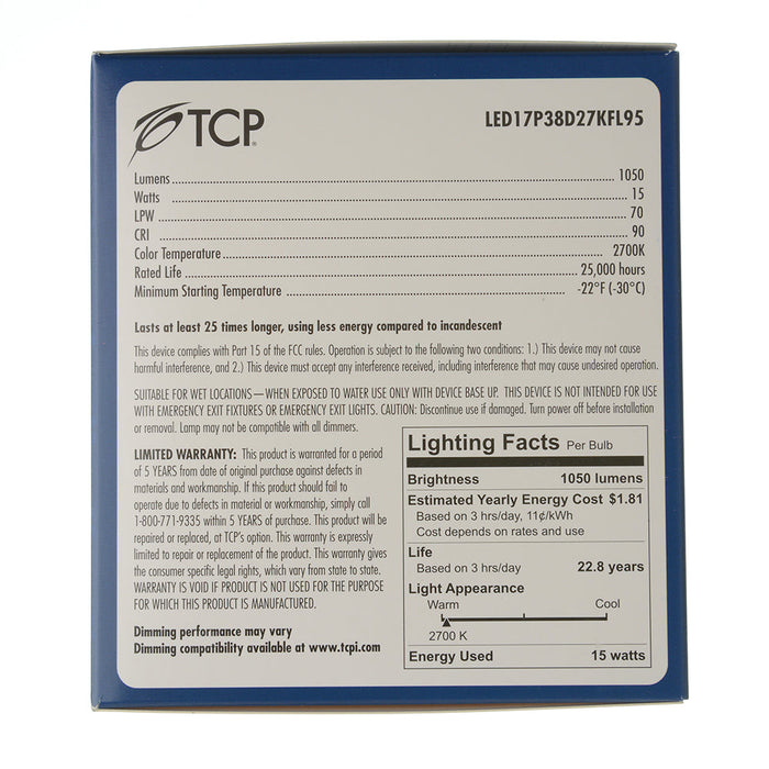 TCP LED 17W P38 Dimmable 2700K Flood High CRI (LED17P38D27KFL95)