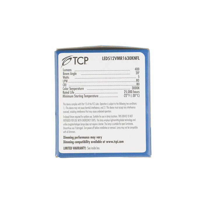 TCP LED 5W MR16 3000K GU5.3 Narrow Flood (LED512VMR1630KNFL)