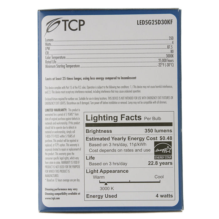 TCP LED 5W G25 Dimmable 3000K E26 Frost (LED5G25D30KF)