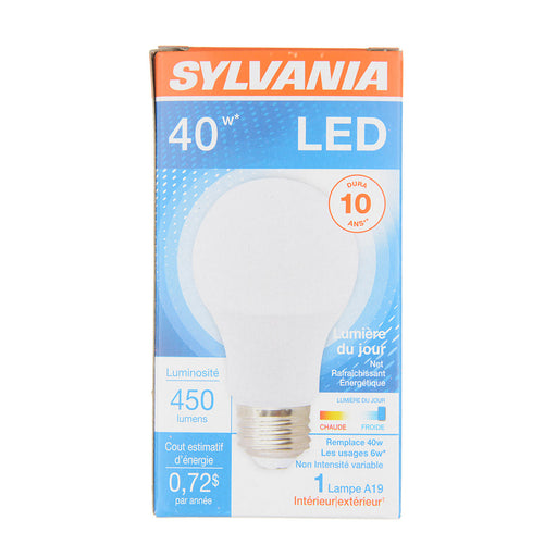 Sylvania LED6A19F85010YVRP 6W A19 LED 5000K120V 450Lm 80 CRI Medium E26 Base Frosted Bulb (74080)