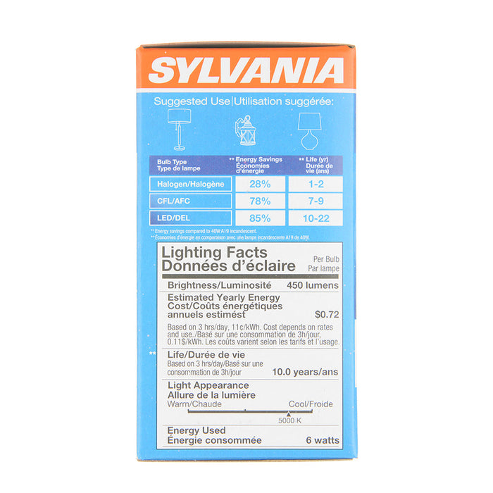 Sylvania LED6A19F85010YVRP 6W A19 LED 5000K120V 450Lm 80 CRI Medium E26 Base Frosted Bulb (74080)