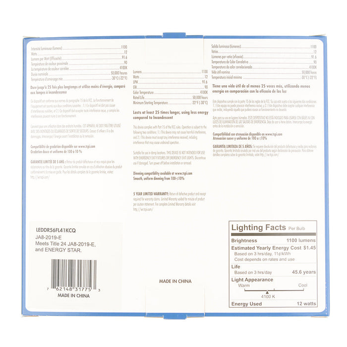 TCP 5/6 Inch Flat Face LED Retrofit Downlight 14W 4100K 1100Lm 80 CRI 120V 100 Degree Beam Angle White (LEDDR56FL41KCQ)