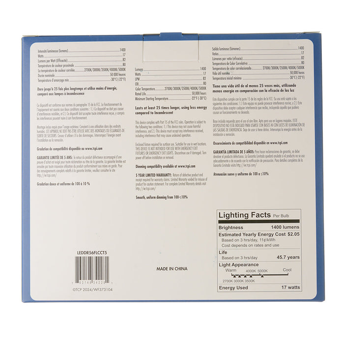 TCP 16W 5/6 Inch LED Recessed Flat Retrofit Downlight CCT Selectable 2700K/3000K/3500K/4000K/5000K 120V 80 CRI White (LEDDR56FLCCT5)