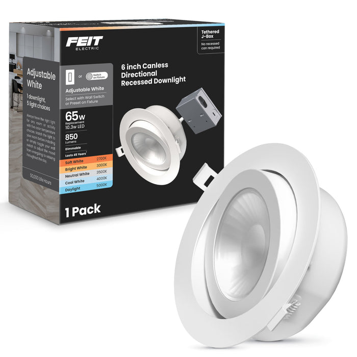 Feit Electric 6 Inch CCT Selectable 2700K/3000K/3500K/4000K/5000K Adjustable Angle Recessed LED Downlight (LEDR6XT/ADJ/6WYCA)