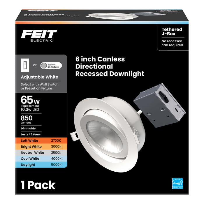 Feit Electric 6 Inch CCT Selectable 2700K/3000K/3500K/4000K/5000K Adjustable Angle Recessed LED Downlight (LEDR6XT/ADJ/6WYCA)