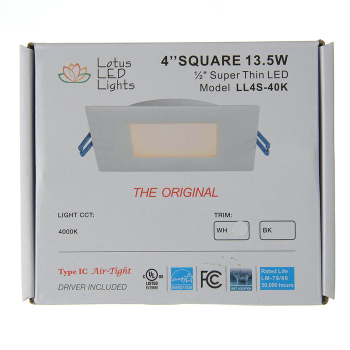 Lotus LED Lights 4 Inch Square Super Thin 13.5W LED 4000K White 110 Degree 950Lm Type IC Airtight Wet Locations Energy Star 80 CRI (LL4S-40K-WH)