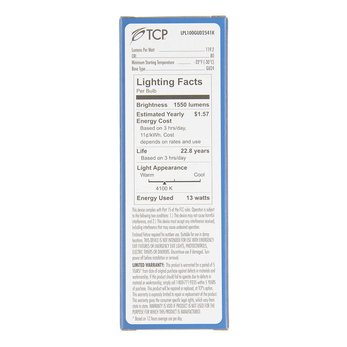 TCP 13W LED PL Lamp 1550Lm 4100K 80 CRI GU24 Base Non-Dimmable (LPL100GUD2541K)