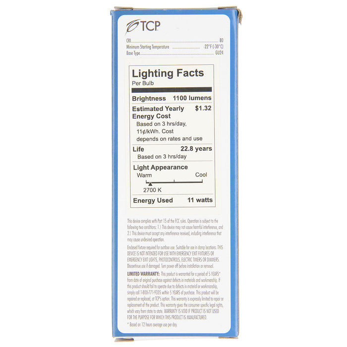 TCP 11W LED PL Lamp 1100Lm 2700K 80 CRI GU24 Base Non-Dimmable (LPL75GUD2527K)