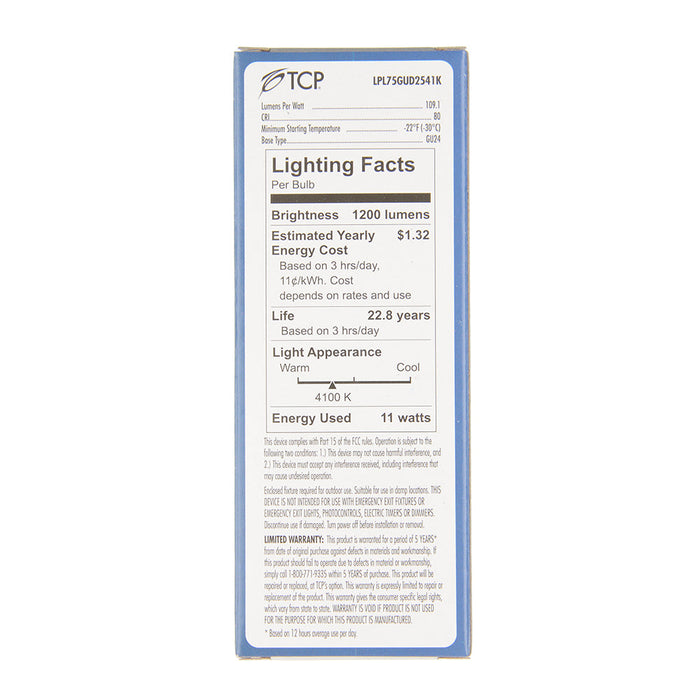 TCP 11W LED PL Lamp 1200Lm 4100K 80 CRI GU24 Base Non-Dimmable (LPL75GUD2541K)