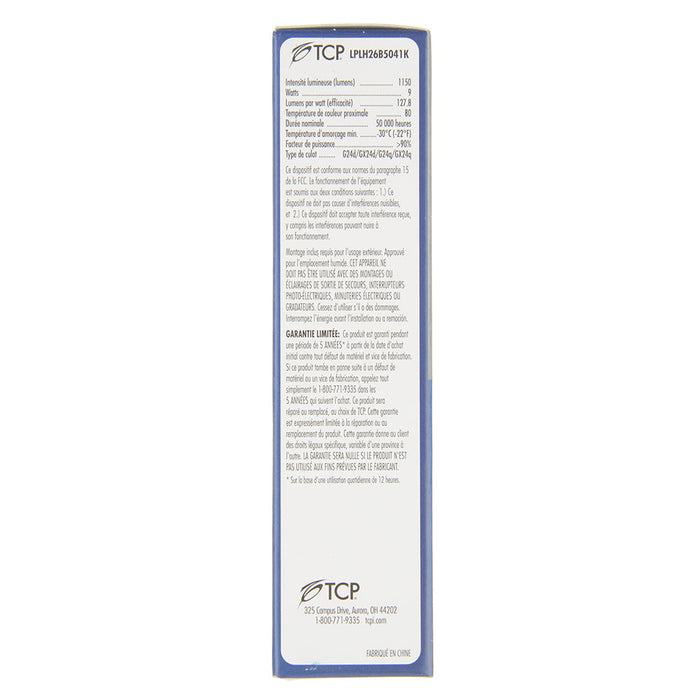 TCP LED PL Lamps Type B 9W 1150Lm 4100KGX24Q-4 Base Suitable For Damp Locations White (LPLH26B5041K)