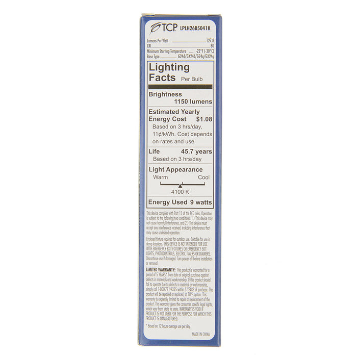 TCP LED PL Lamps Type B 9W 1150Lm 4100KGX24Q-4 Base Suitable For Damp Locations White (LPLH26B5041K)