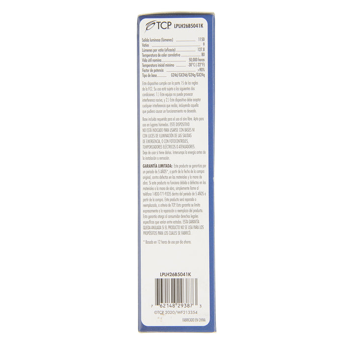 TCP LED PL Lamps Type B 9W 1150Lm 4100KGX24Q-4 Base Suitable For Damp Locations White (LPLH26B5041K)