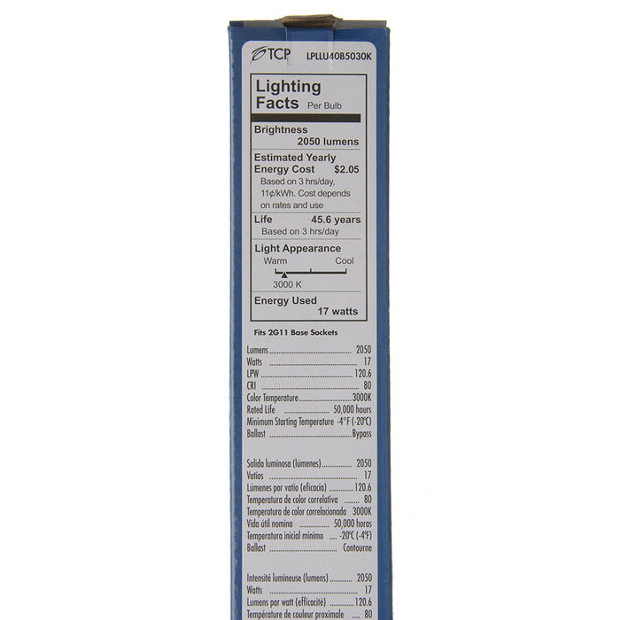 TCP LED PL Lamps Type B 17.5W 2050Lm 3000K 2G11 Base Suitable For Damp Locations DLC Standard (LPLLU40B5030K)