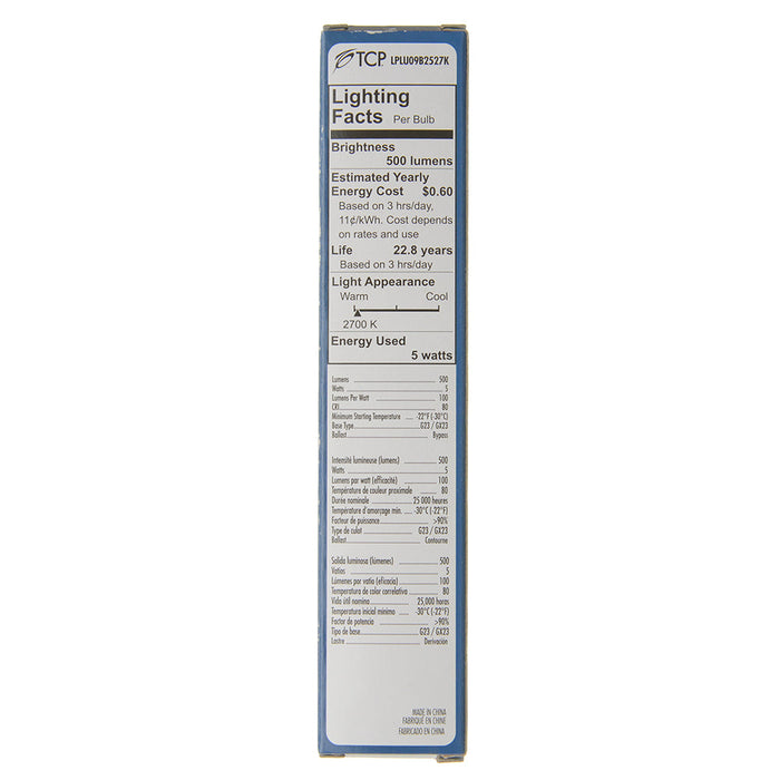 TCP LED PL Lamp 5W Type B Non-Dimmable 1U 2700K (LPLU09B2527K)