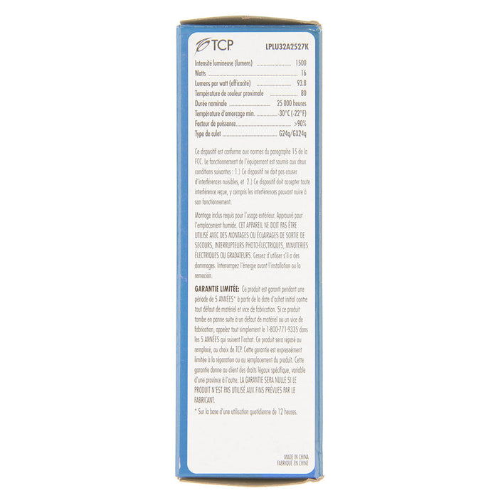 TCP LED PL Lamp 16W 1500Lm 2700K G24Q/GX24Q Base Non-Dimmable White 80 CRI Suitable For Damp Locations (LPLU32A2527K)
