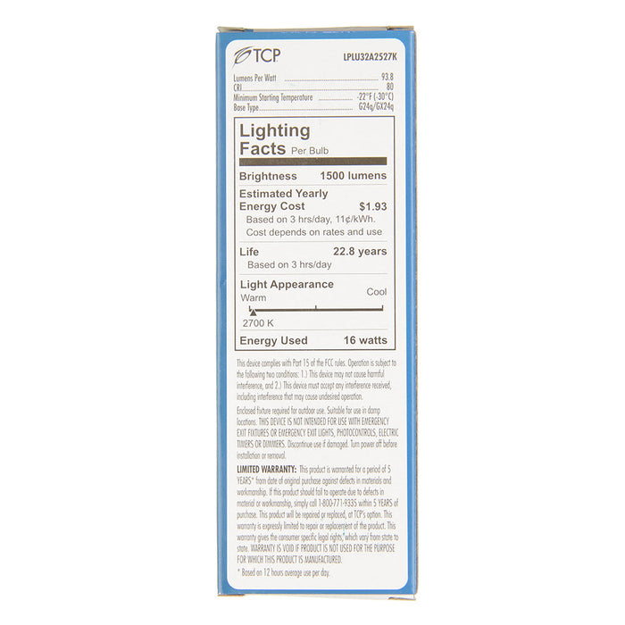 TCP LED PL Lamp 16W 1500Lm 2700K G24Q/GX24Q Base Non-Dimmable White 80 CRI Suitable For Damp Locations (LPLU32A2527K)
