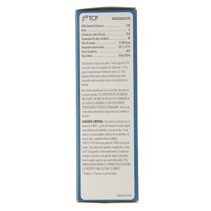 TCP LED PL Lamp 16W 1500Lm 2700K G24Q/GX24Q Base Non-Dimmable White 80 CRI Suitable For Damp Locations (LPLU32A2527K)