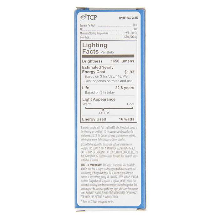TCP LED PL Lamp 16W 1650Lm 4100K G24Q/GX24Q Base Non-Dimmable White 80 CRI Suitable For Damp Locations (LPLU32A2541K)