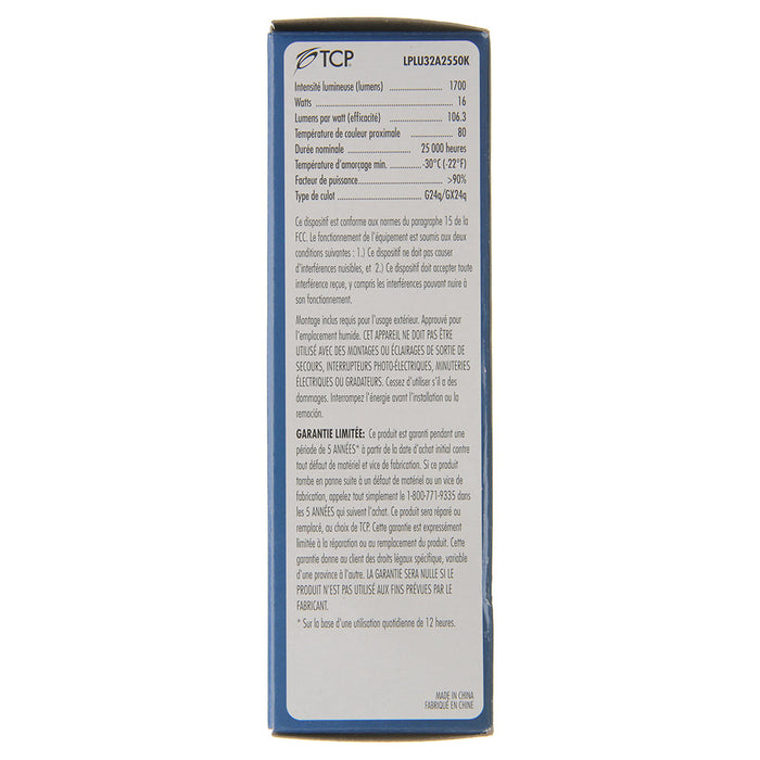 TCP LED PL Lamp 16W 1700Lm 5000K G24Q/GX24Q Base Non-Dimmable White 80 CRI Suitable For Damp Locations (LPLU32A2550K)