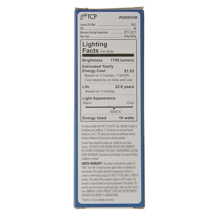 TCP LED PL Lamp 16W 1700Lm 5000K G24Q/GX24Q Base Non-Dimmable White 80 CRI Suitable For Damp Locations (LPLU32A2550K)
