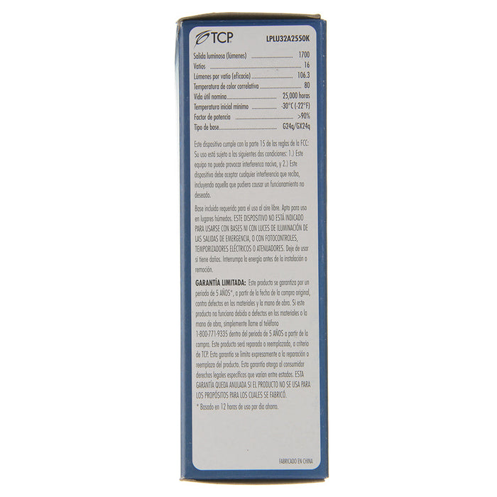 TCP LED PL Lamp 16W 1700Lm 5000K G24Q/GX24Q Base Non-Dimmable White 80 CRI Suitable For Damp Locations (LPLU32A2550K)