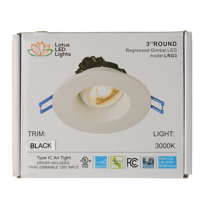 Lotus LED Lights 3 Inch Round Regressed Gimbal 7.5W LED 3000K Black 38 Degree 600Lm Type IC Airtight Wet Locations Energy Star 90 CRI (LRG3-30K-BK)