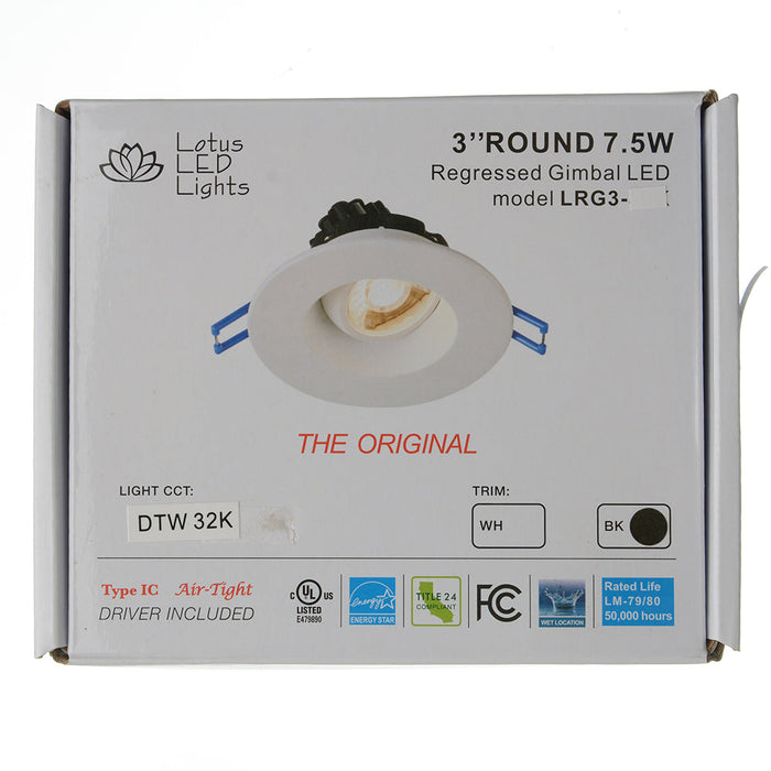 Lotus LED Lights 3 Inch Round Regressed Gimbal 7.5W DTW 30-20K Black 38 Degree 500Lm Type IC Airtight Wet Locations 90 CRI (LRG3-32K-BK)