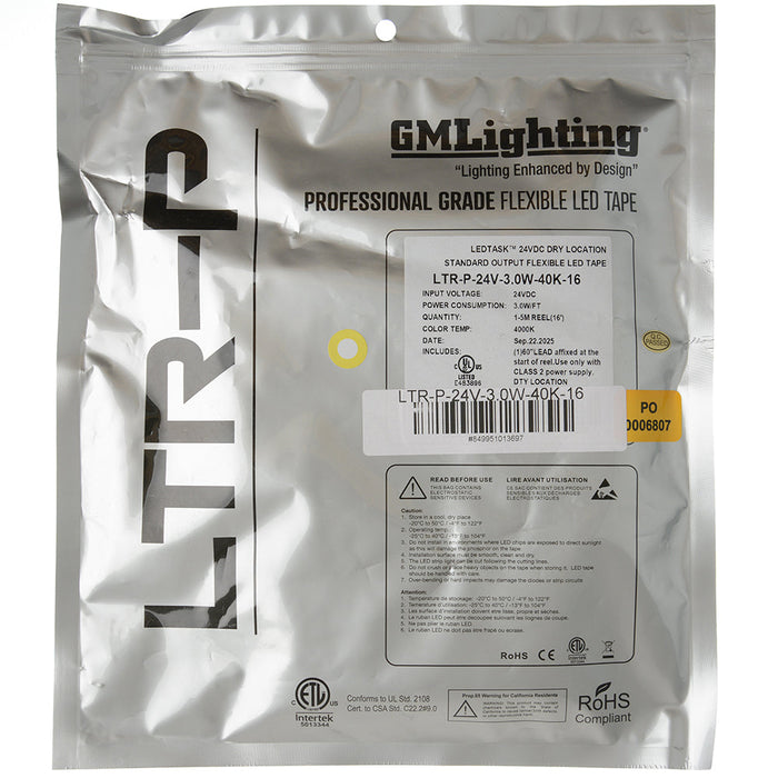 GM Lighting LTR-P Pro Series 3.0W LED Tape 24VDC 16 Foot-4 Inch [5M] 251Lm Per Foot 4000K (LTR-P-24V-3.0W-40K-16)