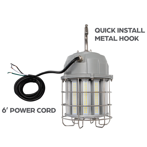 Light Efficient Design 100W Caged LED High Bay Temporary Work Site Light Integrated 6 Foot Power Cord And Quick Install Metal Hook Included (LED-9210-50K-G2)