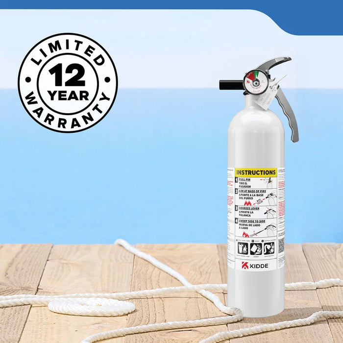 Kidde MAR110 Mariner 110 Fire Extinguisher 1-A:10-B:C 2.5 Pound Nylon Strap Bracket White Disposable With Stainless Steel Handle/Lever (21030899)