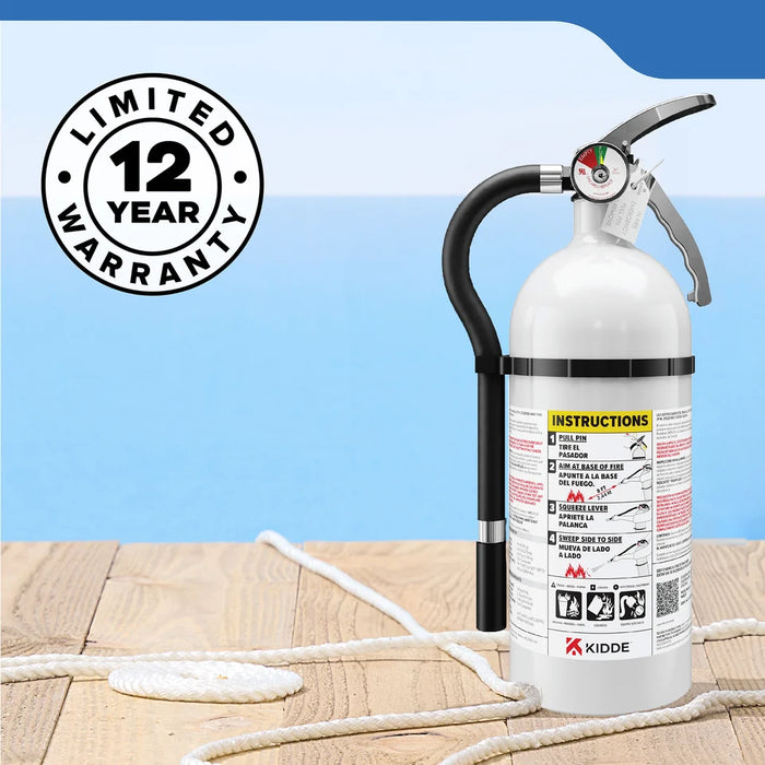 Kidde MAR210 Mariner 210 Fire Extinguisher 2-A:10-B:C 4 Pound Nylon Strap Bracket White Disposable With Stainless Steel Handle/Lever (21030904)