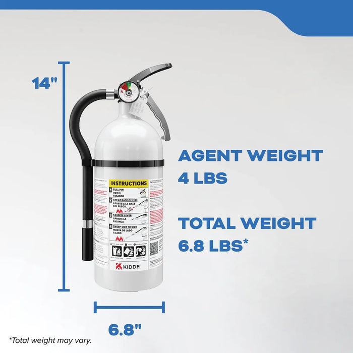 Kidde MAR210 Mariner 210 Fire Extinguisher 2-A:10-B:C 4 Pound Nylon Strap Bracket White Disposable With Stainless Steel Handle/Lever (21030904)