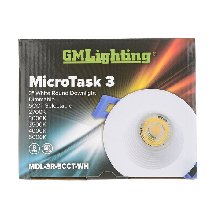 GM Lighting 120V MicroTask3 3 Inch Round Downlight CCT Selectable 2700K/3000K/3500K/4000K/5000K 90 CRI Integrated Power Supply And Junction Box Dimmable White (MDL-3R-5CCT-WH)