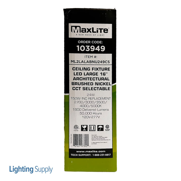 Maxlite 103949 Ceiling Fixture LED 16 Inch Brushed Nickel 24W 90 CRI 2700K/3000K/3500K/ 4000K/5000K 120-277V 0-10V (ML2LALABNU249CS)