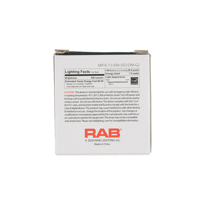 RAB MR16 7.5W 75W Halogen Equivalent 560Lm 90 CRI Gu5.3 3000K Dimmable 35 Degree (MR16-7.5-930-35D-DIM-G2)