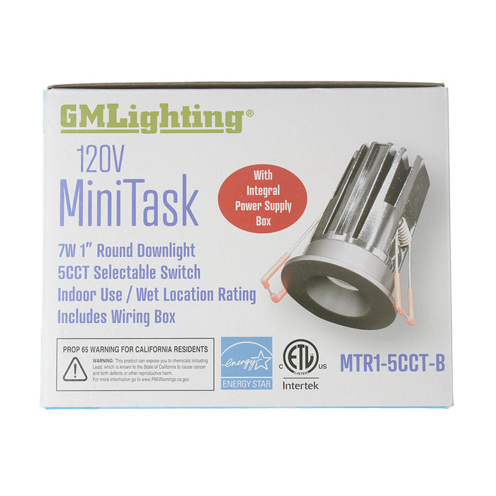 GM Lighting MiniTask 1 Inch Round Fixed CCT Selectable 2700K/3000K/3500K/4000K/5000K Recessed Mini Downlight Black (MTR1-5CCT-B)
