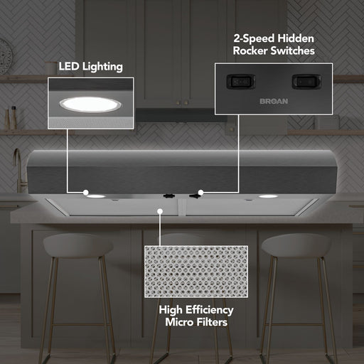 Broan-NuTone Mantra 1 Series 30 Inch Under Cabinet Range Hood 350 CFM LED 30 Black Stainless Steel (MTR1303BLS)