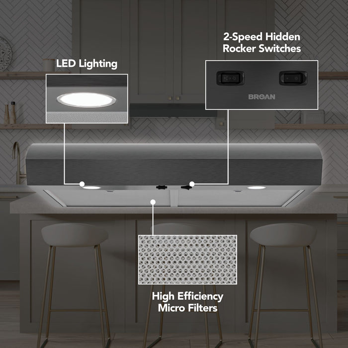 Broan-NuTone Mantra 1 Series 30 Inch Under Cabinet Range Hood 350 CFM LED 30 Black Stainless Steel (MTR1303BLS)