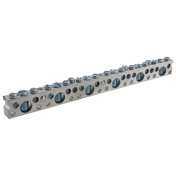 ILSCO Aluminum Neutral Bar Dual Rated Large Conductor Range 1/0-14 Small Range 6-14 3 Large Ports 7 Small Ports 1 Hole #10 Bolt UL CSA (NBAE-0307-1)