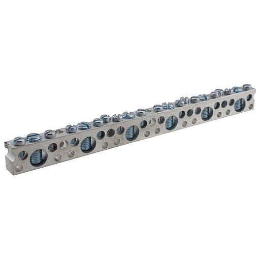 ILSCO Aluminum Neutral Bar Dual Rated Large Conductor Range 1/0-14 Small Range 6-14 5 Large Ports 12 Small Ports 2 Holes #10 Bolt UL CSA (NBAE-0512-2)