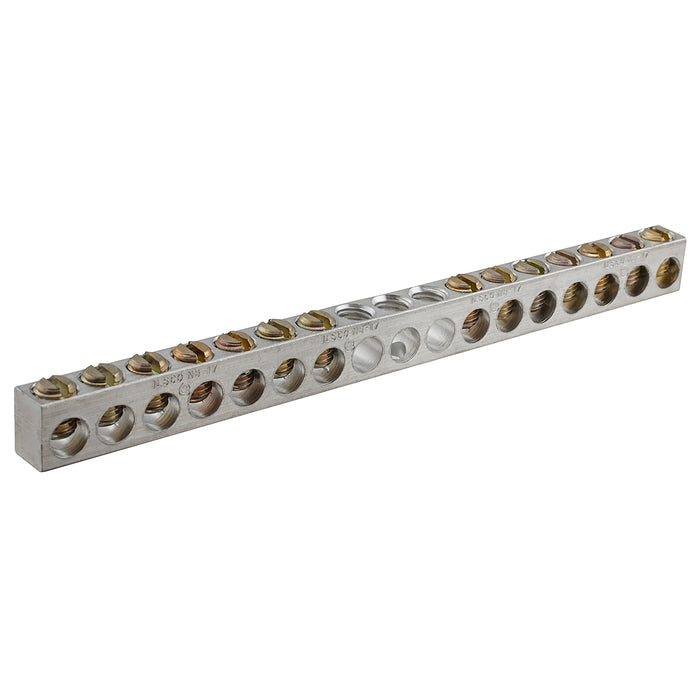 ILSCO Aluminum Neutral Bar Dual Rated Conductor Range 4-14 9 Ports 2 Holes #10 Bolt Headed Slot Drive UL CSA (NBAS-009-2-A)
