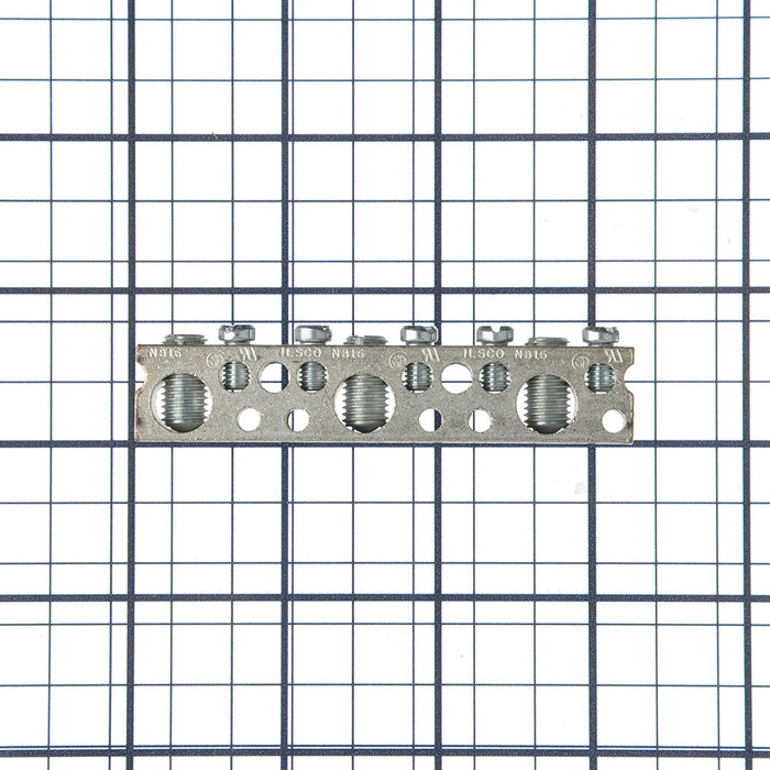 ILSCO Copper Neutral Bar Large Conductor Range 1/0-14 Small Range 6-14 3 Large Ports 5 Small Ports 2 Holes #10 Bolt UL CSA (NBCE-0305-2)